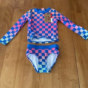 Appaman Pink & Blue Checkerboard Long-Sleeve Rashguard Bikini Set